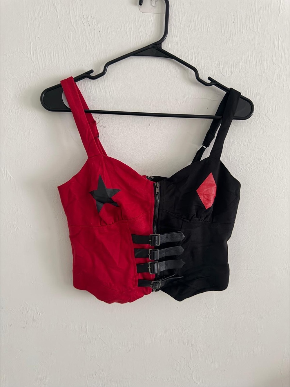 Two-Tone Red and Black Buckle Crop Top - Women's